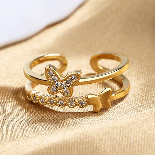 Zirkon Fjäril Finger Ring För Kvinnor Guld Färg Metall Dubbel La