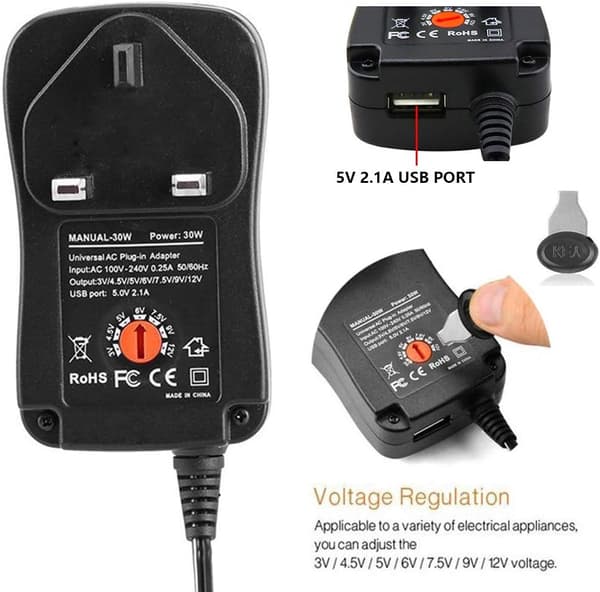 30W UK 2A & 2000mA Universal AC/DC Multi-Function Switching Adapter, 100-240V til 3V, 4.5V, 5V, 6V, 7.5V, 9V, 12V, USB-port inkludert 8 adaptertips til