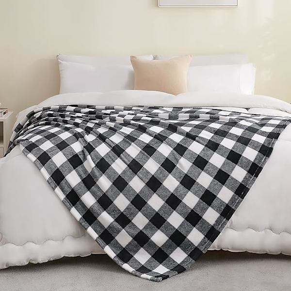 75*100cm Fleece Pledd for Sofa, Sette og Seng, Buffalo Plaid Dekor Svart og Hvit Rutete Pledd, Koselig Myk Lett Varmt Pledd