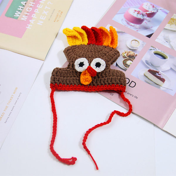 Kostyme for katt, kalkunhatt, Halloween, Thanksgiving-fest, håndlaget heklede kjæledyrkalkun-hodeplagg, kostyme for små hunder og kattunger (brun)