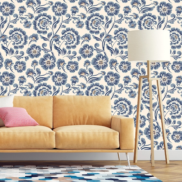 1 Rulle Damask Blå Blommig Enkel Varm Sovrum Vardagsrum Skåp Renovering Bakgrundsbild PVC Vattentät Och Fuktsäker (Blå, 17\" x 118\"/44*300cm)