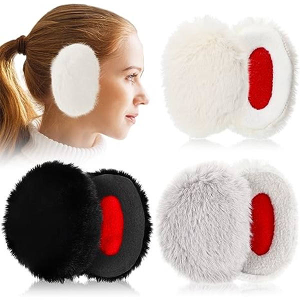 3 par bandlösa öronmuffar vinter fluffig fleece mjuk tjock öronvärmare vindtät (svart, vit, grå)