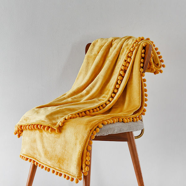 Plyschfilt Tjock Fluffig Mjuk Varm Päls med Pompom Dekorativ för Säng Soffa Sovrum Balkong Resa Babyfilt 127X152CM Gul