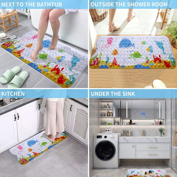 Halkskyddad badrumsmatta transparent PVC badrumsmatta duschmatta 100 x 40 cm extra lång halkfri antimögel badrumstillbehör med sugkopp tryckt