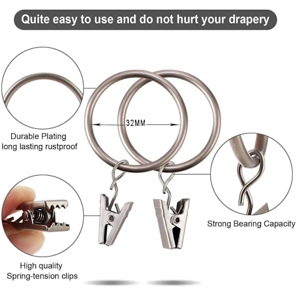30 pakker kraftige gardinringe i metal til vinduesdekoration, med rustfrit klip, passer til stang op til 1 tomme (sølv)