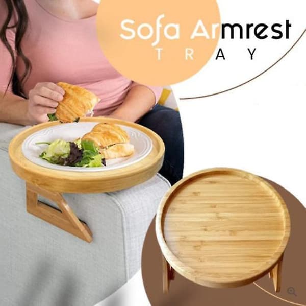 Sidobord Naturlig Bambu Soffa Armstöd Clip-on Bricka (rund)