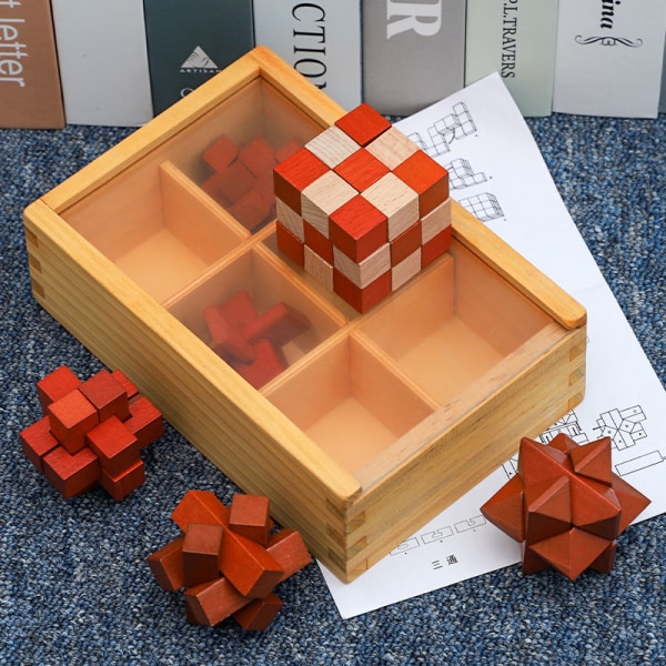 6 st trä hjärnträningsleksaker, hjärnträningslekar, 3D Kongming L