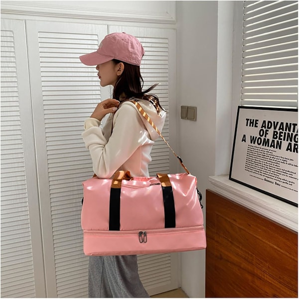 Skuldertaske Crossbody Weekender Overnatningstaske Rejsetaske med Uafhængigt Skorum Tørt Vådt Adskillelse Sports Tote Gym Taske (Pink)