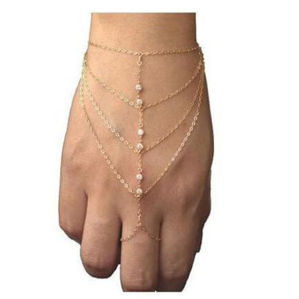 Pop Celebrity Kæde Tassel Krystal Armbånd Slave Finger Ring Hånd