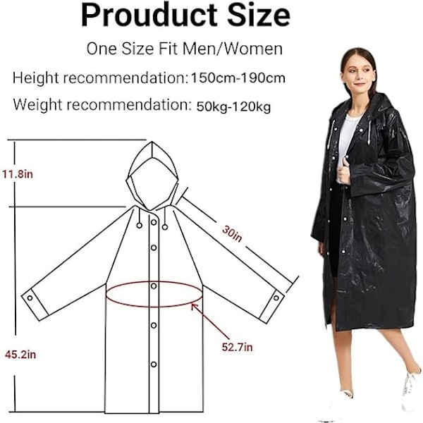 Poncho, 2 kappaletta musta uudelleenkäytettävä sadetakki poncho, sadetakki miehille ja naisille