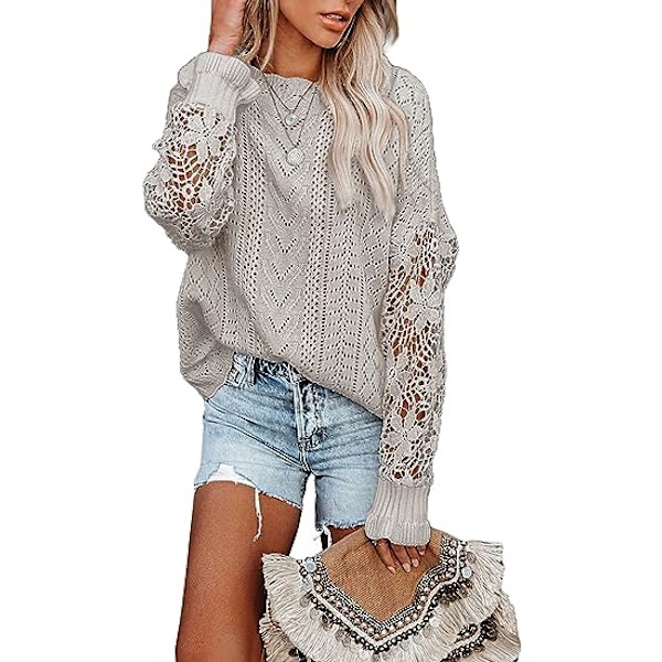 Kvinners blonder heklede lang ermet crewneck genser vinter strikket pull