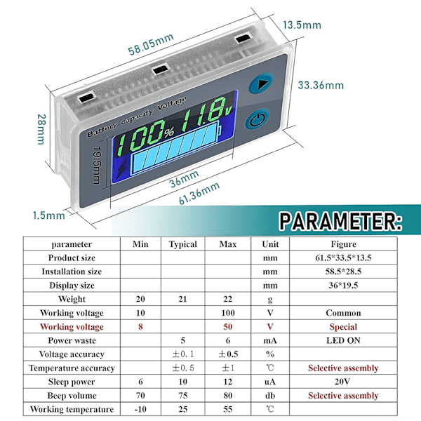 10-100V LCD Multifunktionell Batterikapacitets Voltmeter Temperaturdisplay Monitor (12V)