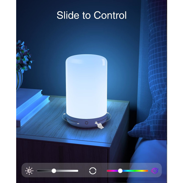 Smart lampe, LED-nattbordslamper, RGB-fargeskiftende dimbar og varmt hvitt nattlys for soverom, USB-drevet