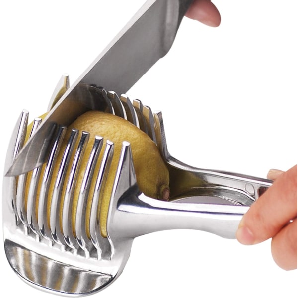 Tångskärare Tomatskärare Assistent med långt handtag Frukthållare Jämnt Rund Aluminiumlegering Lätt Skivning Kiwi Grönsaksverktyg Köksredskap Skärhjälpmedel (Silver)