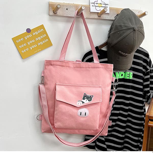 Medium bomullslerret tote handlepose for dagligvarer, arbeid, studier, skulderpose, 1 stk. - rosa