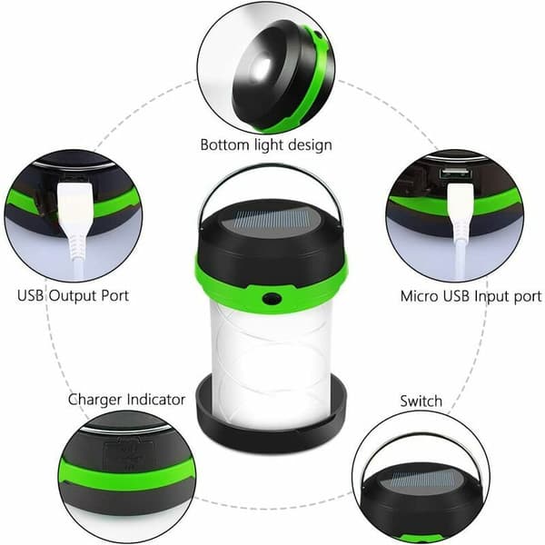Sammenleggbar campinglanterne lommelykt, 2 sol- og USB-lading