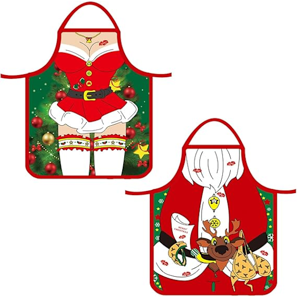 Paket med Röda Julförkläden, Cartoon Tomte Förkläde, Julköksförkläde, Julmatlagning Förkläde, Grillförkläde, Bakförkläde för Vuxna Män Kvinnor