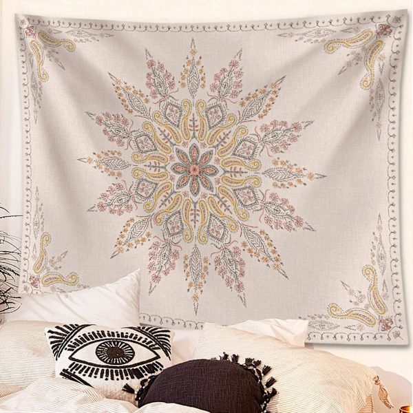 Bohemian gobelin vægophæng, beige hvid blomster gobelin med