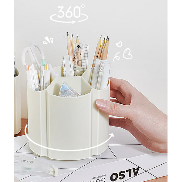 Skrivebords Penneholder med 6 Rum, Roterende Blyantskrukke, Kontorartikler Organizer, Skrivebordsopbevaring, Hvid, 135*135mm