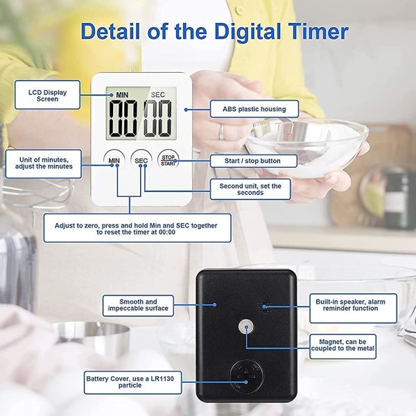 Stopur, digitalt minutur med høj alarm, 3 i 1 installationsmetode mini køkkentimer