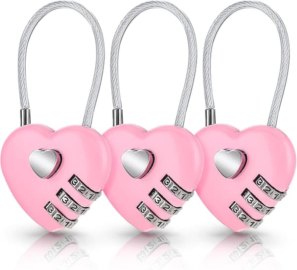 3-pack rosa hjärtformade kombinationshänglås för resväskor, söt hjärtformad kod