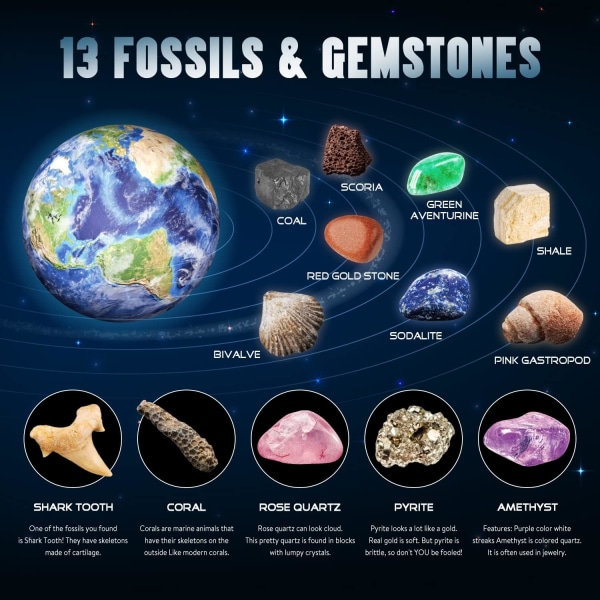 Solsystemets Gemstone Dig Kit - Grav 13 Ædelstene, Stene og Fossiler -