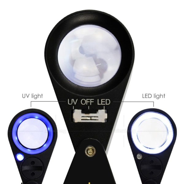 1 stk 40x forstørrelsesglass smykkelupe LED /UV 21mm tripletlinse Optica