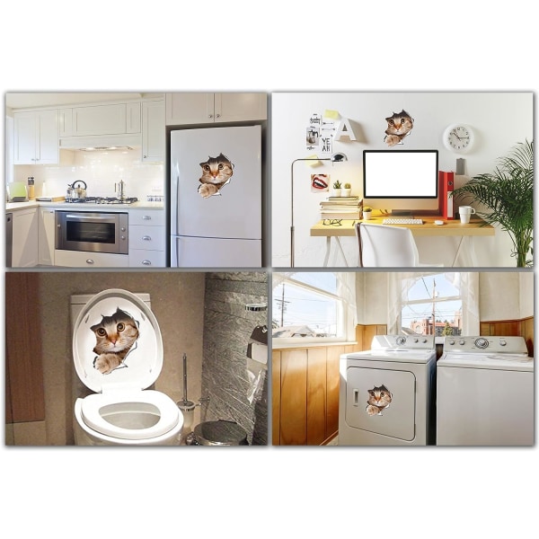 3D Cat Stickers Pakke med 2 - Cat Stickers for vegger, kjøleskap, toaletter og mer -