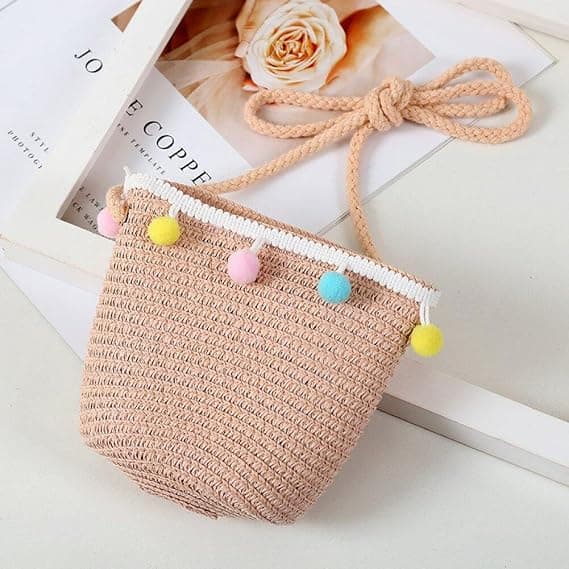 Dinntty Barn Solhatt Halm Väska Set Söt Bred Brätte Strandhatt Pompom Hatt