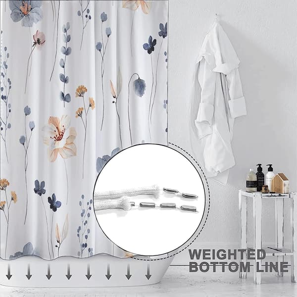 Akvarell blommig duschdraperi set, blå beige blommor badrum