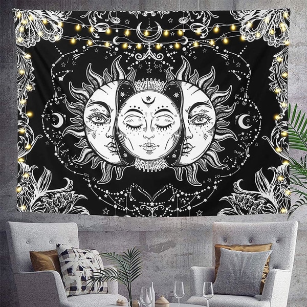 Sol- og månevegghengende psykedelisk billedvev, (svart og hvitt, 2