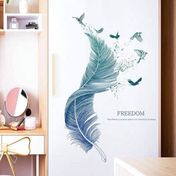Fjäder väggdekaler i blå dekorativ väggdekal Fåglar Modern poster I Deko för vardagsrum sovrum kök hall möbler badrum kakel vuxen tonåring barn