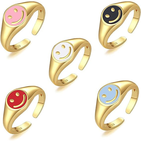 5 st Smiley Face-ringar, guldsmilering för kvinnor flickor glada ansiktsringar färgglada