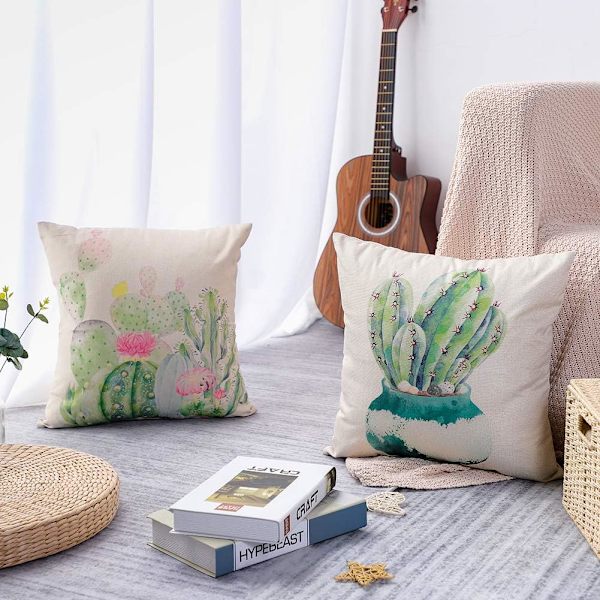 4 kpl tyynynpäälliset 45 x 45 cm polyesteri ja pellava koristetyynynpäällinen auto sohva kodin sisustus tyynynpäälliset (Kaktus)