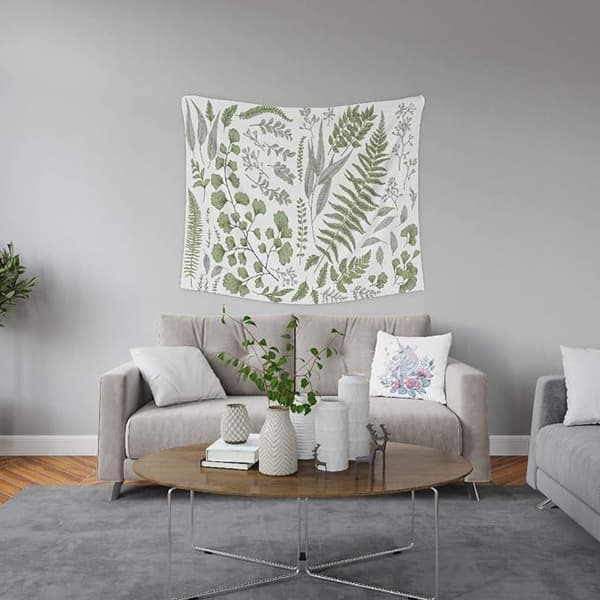 Botanisk polyestertyg gobeläng blommig och grön vit vårvägg Han