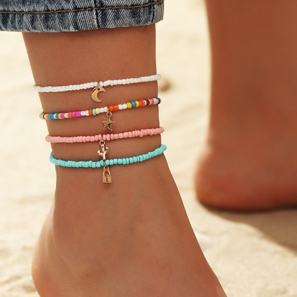 4 stk. Boho Håndlavede Perle Ankelkæder Multicolor Regnbue Ankelstøtte