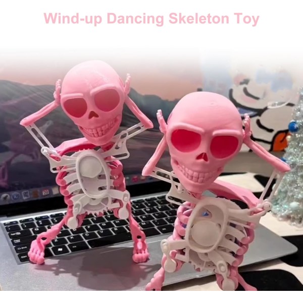 Dansende Skelet Dansende Kranie Legetøj Wind-Up Dansende Skelet Legetøj Desktop Mini 3D Print Rystende Kranie Dukke Forår Urværk Legetøj Sjovt Fødselsdagsgave Pink