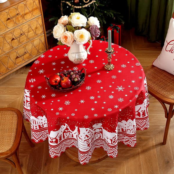 Rund Juledug Vaskbar Polyester Snefnug Mønster Rød, Diameter 120CM