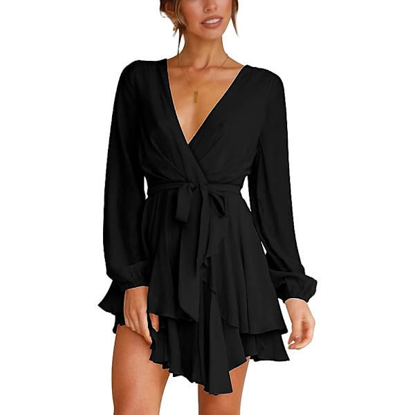 Kvinners Casual Kjole Dyp V-hals Lang Ermet Slips i Midjen Ruffle Swing