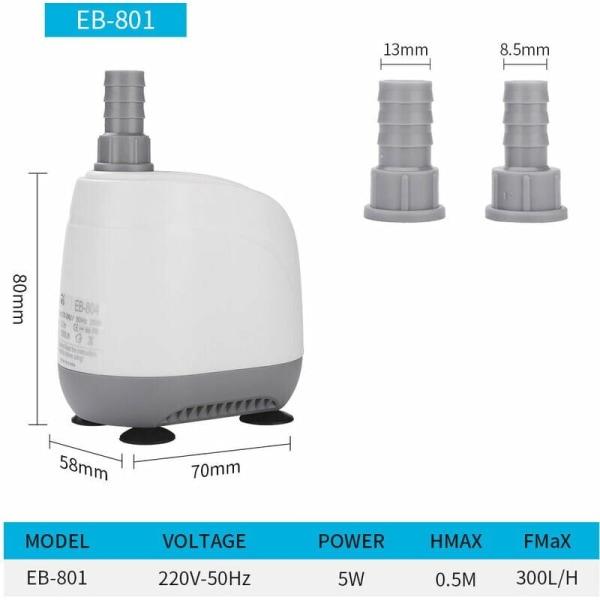 Sukellettava Livewell-pumppu Pohjan imupumppu Akvaariopumppu Hiljainen Veden imupumppu Pohjan imupumppu Alhainen vedenpinta (EB-801 5w)80*58*70mm
