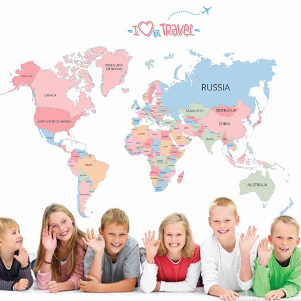 Stora färgglada världskarta väggdekaler Kartväggdekaler för barn R