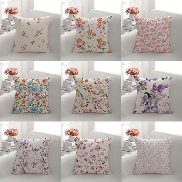 Set med 9 soffkuddfodral med små blommönster 45x45cm l