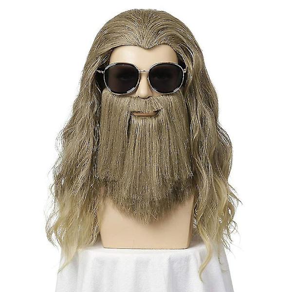 Menn Lang Krøllete Gyllenbrun Mustasje Parykk Halloween Cosplay