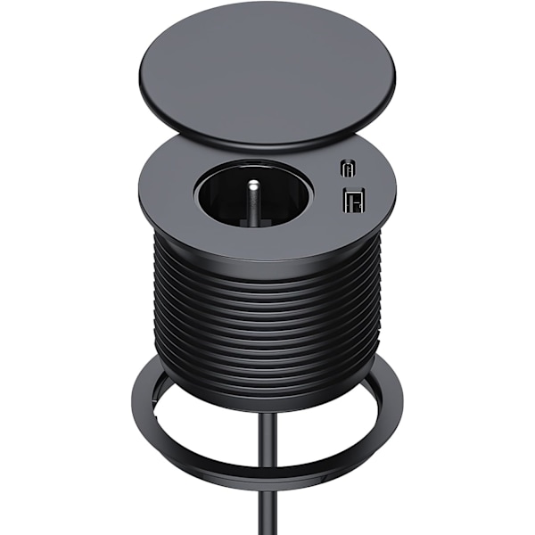 Indbygget Strømstik, Indbygget Strømstik med 1 Stikkontakt, 1 USB C Port, 1 USB A Port, 75mm Diameter, 1.5M Kabel, Skrivebords Stikkontakt til Køkken, Kontor,