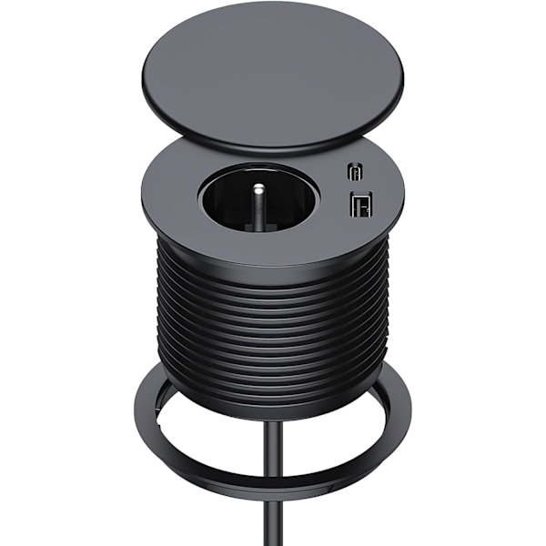 Innfelt strømbrett, Innfelt strømbrett med 1 stikkontakt, 1 USB-C-port, 1 USB-A-port, 75 mm diameter, 1,5 m kabel, skrivebordsstikkontakt for kjøkken, kontor,