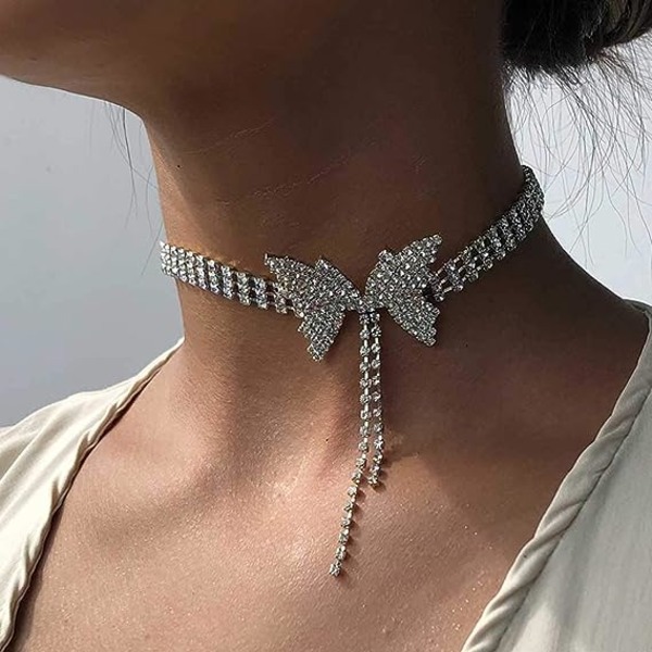 Sparkly Rhinestone Necklace Crystal Butterfly Choker Dainty Tennis Chain Wedding