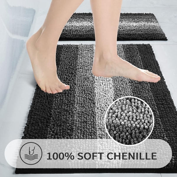 Svart badrumsmatta-set med 2 delar, Chenille halkfri badmatta-set, absorberande duschmatta och badrumsmattor, snabbtorkande badmatta badrumsdekortillbehör