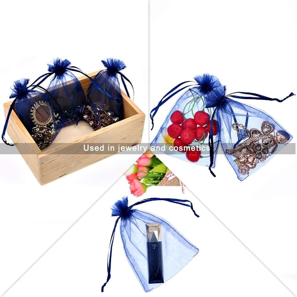 100 transparenta organza bröllopsfavoritpåsar med satindragband 10 x 15 cm. Används som godispåsar, smyckespåsar, festpåsar (blå)