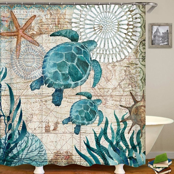 180 x 200 cm Hurtigtørrende bruseforhæng (Havskildpadde), vandtæt polyesterstof, maskinvaskbart, badeværelsesgardiner
