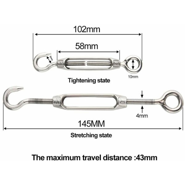 6 st trådspännare M4 rostfritt stål, justerbar spännhake och ögla set H